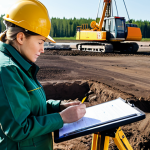 A professional female geologist, fully clothed in a practical work jacket and safety helmet, observing soil samples on a clipboard. The scene is set at a geothermal installation site in a Russian suburban area during daytime. In the background, a drilling rig is visible, partially obscured by neatly organized construction materials. The ground is a mix of dense clay and loam, emphasizing the importance of geological conditions. The geologist has a focused expression, demonstrating expertise and the precision of the work. The overall atmosphere is professional and orderly. high-resolution, professional photography, realistic rendering, perfect anatomy, correct proportions, well-formed hands, proper finger count, natural body proportions, natural pose, safe for work, appropriate content, fully clothed, professional dress, modest clothing.