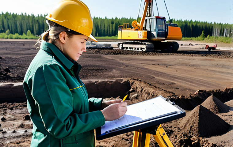 A professional female geologist, fully clothed in a practical work jacket and safety helmet, observing soil samples on a clipboard. The scene is set at a geothermal installation site in a Russian suburban area during daytime. In the background, a drilling rig is visible, partially obscured by neatly organized construction materials. The ground is a mix of dense clay and loam, emphasizing the importance of geological conditions. The geologist has a focused expression, demonstrating expertise and the precision of the work. The overall atmosphere is professional and orderly. high-resolution, professional photography, realistic rendering, perfect anatomy, correct proportions, well-formed hands, proper finger count, natural body proportions, natural pose, safe for work, appropriate content, fully clothed, professional dress, modest clothing.