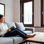 A professional-looking person, fully clothed in a comfortable, modest sweater and trousers, relaxing in a cozy, modern Russian living room during winter. Snow gently falls outside a large, clear window, while the interior is bathed in warm, soft light, showcasing a comfortable sofa with a knitted throw. A sleek, modern smart thermostat is visible on the wall, subtly indicating optimal indoor temperature. The atmosphere conveys warmth, security, and tranquility, symbolizing the consistent comfort provided by geothermal heating. Perfect anatomy, correct proportions, natural pose, well-formed hands, proper finger count, natural body proportions, professional photography, high quality, safe for work, appropriate content, family-friendly.