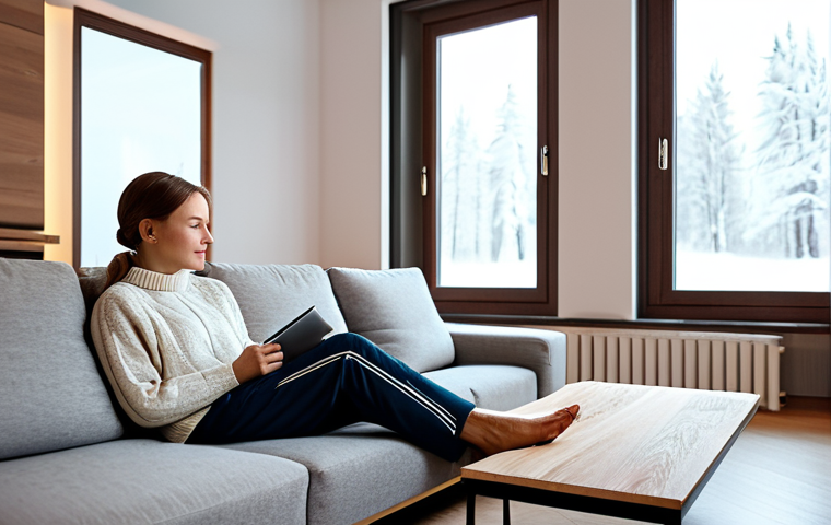 A professional-looking person, fully clothed in a comfortable, modest sweater and trousers, relaxing in a cozy, modern Russian living room during winter. Snow gently falls outside a large, clear window, while the interior is bathed in warm, soft light, showcasing a comfortable sofa with a knitted throw. A sleek, modern smart thermostat is visible on the wall, subtly indicating optimal indoor temperature. The atmosphere conveys warmth, security, and tranquility, symbolizing the consistent comfort provided by geothermal heating. Perfect anatomy, correct proportions, natural pose, well-formed hands, proper finger count, natural body proportions, professional photography, high quality, safe for work, appropriate content, family-friendly.