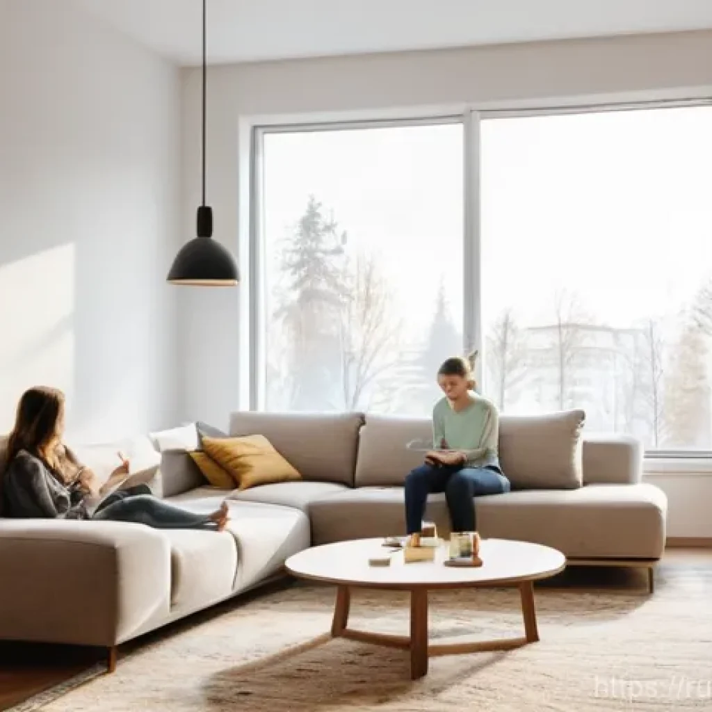 지열 냉난방 시스템의 온도 조절 방법 - **Prompt:** "A brightly lit, modern living room in a stylish Russian apartment. A young family, comp...