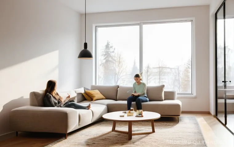 지열 냉난방 시스템의 온도 조절 방법 - **Prompt:** "A brightly lit, modern living room in a stylish Russian apartment. A young family, comp...