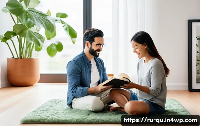 지열 냉난방 시스템의 설치 전 체크 리스트 - **Prompt:** A cozy, modern living room bathed in soft, natural light, where a family of three (fathe...