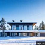 Home 22 지열 냉난방 시스템과 효과적인 환기 시스템 - A modern Russian family home exterior during winter, featuring visible geothermal heating system com...