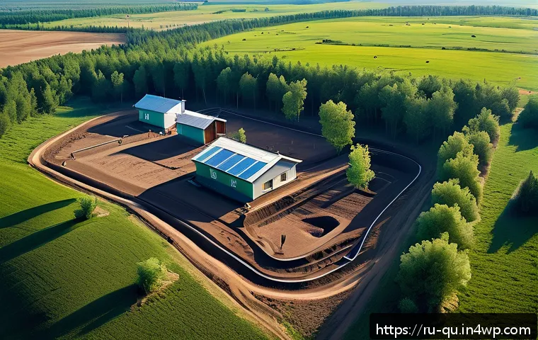 지열 냉난방 시스템의 설치 장소에 대한 고려 - A detailed aerial view of a gently sloping rural landscape in Russia, showing a well-planned geother...