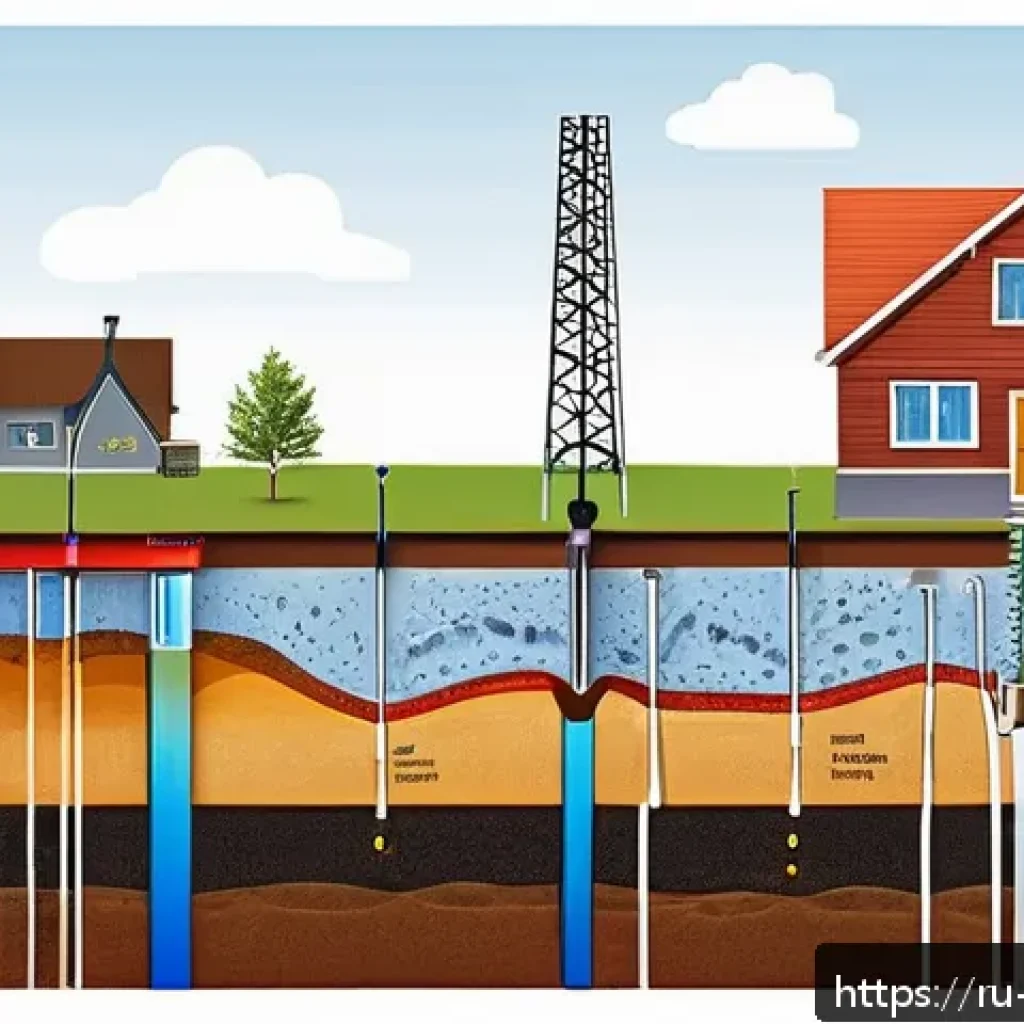 지열 냉난방 시스템 설치 시 유의사항 - Detailed cross-sectional illustration of a vertical geothermal system installation in a typical Russ...