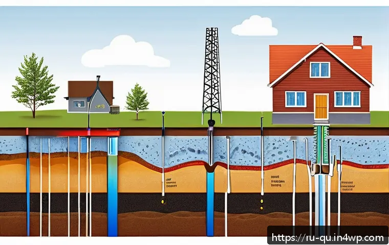 지열 냉난방 시스템 설치 시 유의사항 - Detailed cross-sectional illustration of a vertical geothermal system installation in a typical Russ...