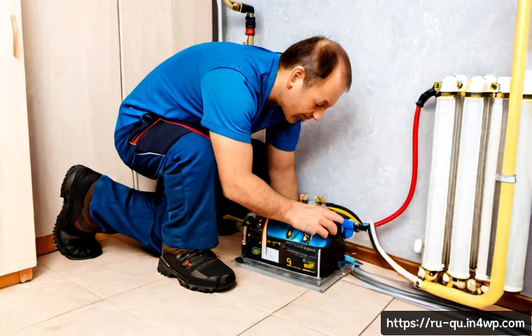 Home 17 지열 냉난방 시스템의 수명 연장 방법 - Photorealistic maintenance scene in a clean residential utility room in Russia, experienced technici...