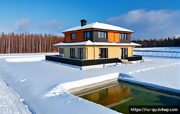 Home 17 지열 냉난방 시스템의 시스템 구성 요소 - Photorealistic cutaway view of a modern detached home in a snowy Russian suburban landscape, clearly...