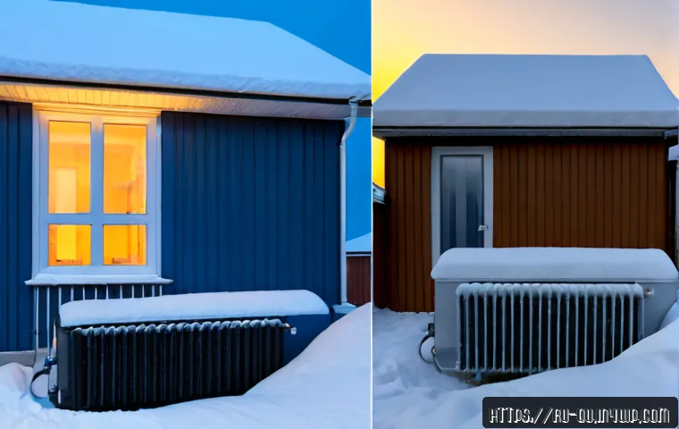 Home 17 지열 냉난방 시스템 vs 일반 난방 시스템 - Photorealistic split-view comparison of a modern detached home in a snowy Russian suburban neighborh...